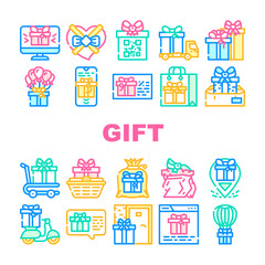 Gift Package Surprise On Holiday Icons Set Vector. Gift Box And Container Packaging, Delivery Service And Carrying, Online Purchase And Discount Coupon Present Line. Color Illustrations