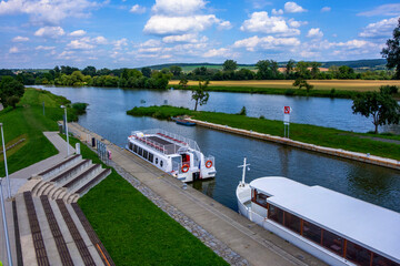 Bata cannal with boat, port and pier in Spytihnev.