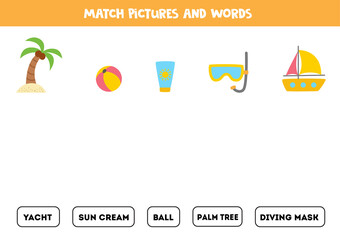 Matching summer pictures and the words. Educational game for kids.