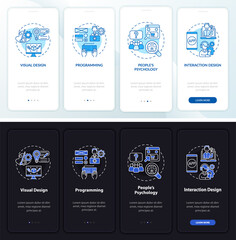 UX design onboarding mobile app page screen. Programming, interaction walkthrough 4 steps graphic instructions with concepts. UI, UX, GUI vector template with linear night and day mode illustrations