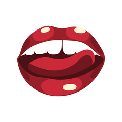 Red juicy sexy female lips with an open mouth with a tongue and white teeth.