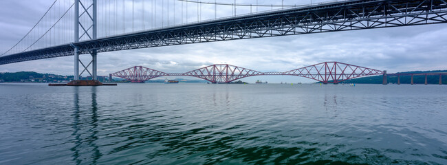 The Forth Crossings - the Forth Rail Bridge and the two road bridges  - from South Queensferry, Scotland
