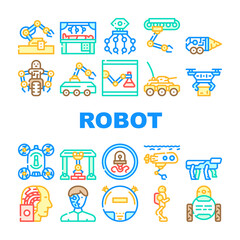 Robot Future Electronic Equipment Icons Set Vector. Military And Underwater Robot, Vacuum Cleaner And Cyborg, Nanorobot And Drone, Robotic Arm Doing Surgery Operation Line. Color Illustrations