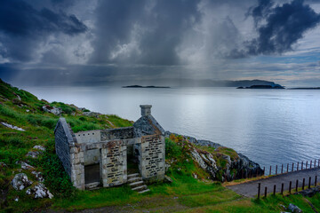 Stormy skies over Sound of Jura, Corryvreckan and island from Craignish Point, Scotland