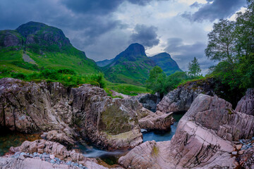 The Three Sisters of Glencoe with the waterfalls near the Study, Scotland