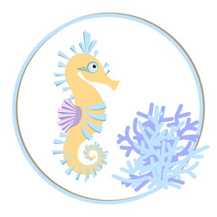 Cute absract yellow sea horse and coral. Pastel color. Sea collection. Cartoon style.