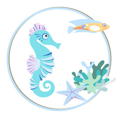 Cute turquoise sea horse, fish, starfish and coral. Pastel color. Sea collection. Cartoon style.