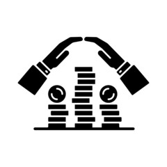 Savings black glyph icon. Collect cash. Coin stack for safe personal deposit. Financial literacy. Understanding finance and economy. Silhouette symbol on white space. Vector isolated illustration