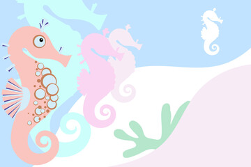 Cute pink sea horse and seahorse silhouettes on colorful pastel background. Abstract underwater composition for design. Sea collection. Cartoon style.