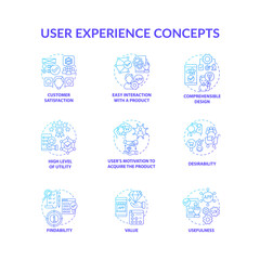 User experience concept icons set. Customer satisfaction idea thin line color illustrations. User motivation to product acquire. Findability and usefulness. Vector isolated outline drawings