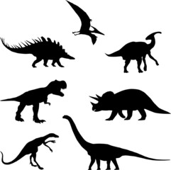 A set of 7 silhouettes of dinosaurs. Collection of Jurassic animals. Black and white illustration of dinosaurs for children.