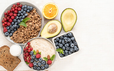 Healthy food selection, healthy ingredients for a good breakfast. Energy for the whole day, healthy lifestyle