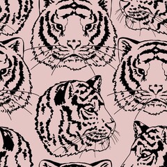 Fototapeta premium Tigers heads vector seamless pattern. Wild cats portraits monochrome retro ornament. Eastern calendar symbol of the year. Design for print, fabric, textile, background, wallpaper, wrap, card, decor.