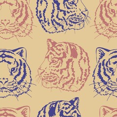 Tigers heads vector seamless pattern. Wild cats portraits colored retro ornament. Eastern calendar symbol of the year. Design for print, fabric, textile, background, wallpaper, wrap, card, decor etc.