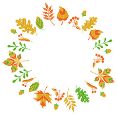 Fototapeta na wymiar Vector composition of autumn leaves of fruits of different trees in a flat style, arranged in a circle. In the middle, you can place any of your text.