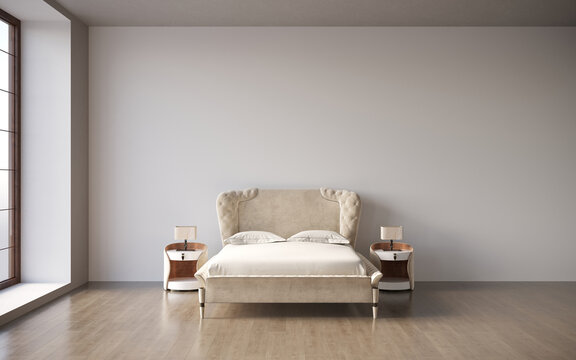 3d visualization of a double bed with bedside tables in a minimalistic interior, 3D illustration, cg render