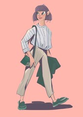 A young fashionably dressed girl in a white striped blouse, beige business trousers, with a small green handbag on her shoulder and a bob hairstyle on a pink background.