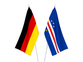 National fabric flags of Germany and Republic of Cabo Verde isolated on white background. 3d rendering illustration.