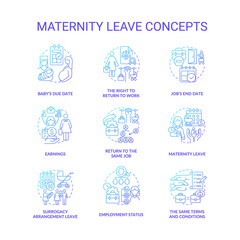 Maternity leave related blue gradient icons set. Employee rights and allowment idea thin line color illustrations. New parents protection at workplace. Vector isolated outline drawings.