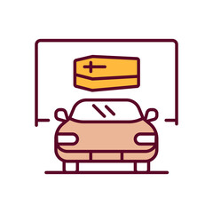 Car and coffin RGB color icon. Death and funeral. Coffin transportation. Infant loss. Postnatal death. Child demise. Hearse vehicle. Isolated vector illustration. Simple filled line drawing