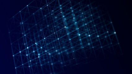 Abstract wireframe cube. Digital blockchain concept. Futuristic blue background with dots and lines. 3D rendering.