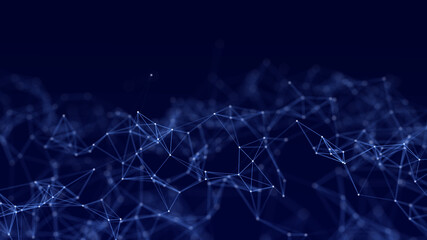 Digital dynamic wave. Abstract futuristic blue background with dots and lines. Big data visualization. 3D rendering.