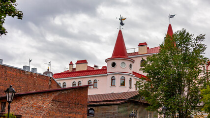 Vyborg, Russia, July 25, 2021. Fragment of a typical facade of a building of a historical...
