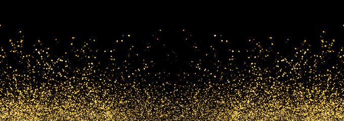 Abstract gold defocused glitter holiday panorama background on black. Falling shiny sparkles. New...