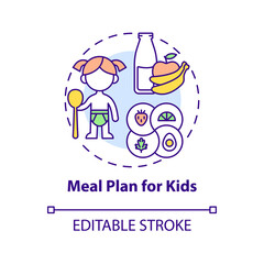 Meal plan for kids concept icon. Healthy foods for kids abstract idea thin line illustration. Balanced and healthy diet for children. Vector isolated outline color drawing. Editable stroke