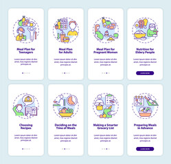 Meal plan and dieting related onboarding mobile app page screen set. Age group diets walkthrough 4 steps graphic instructions with concepts. UI, UX, GUI vector template with linear color illustrations