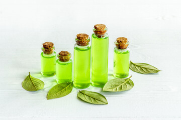 Tea essential oil in glass bottles with green leaves