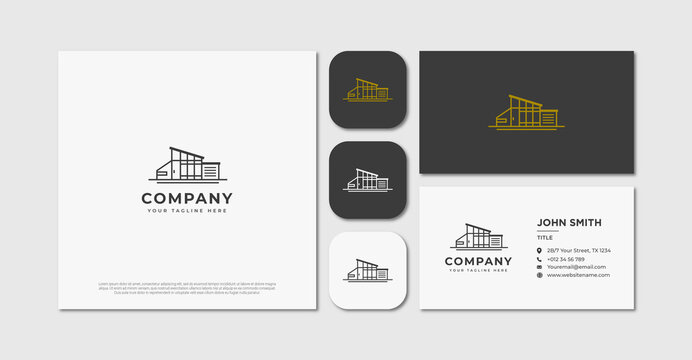 Monoline modern house real estate logo and business card