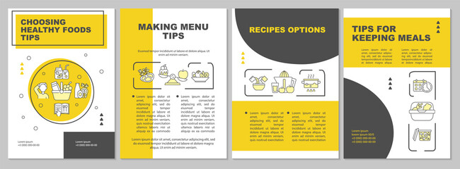 Meal planning tips yellow brochure template. Making menu. Flyer, booklet, leaflet print, cover design with linear icons. Vector layouts for presentation, annual reports, advertisement pages