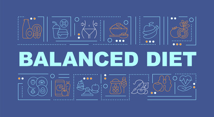 Balanced diet blue word concepts banner. Products rich in nutrients. Infographics with linear icons on blue background. Isolated creative typography. Vector outline color illustration with text