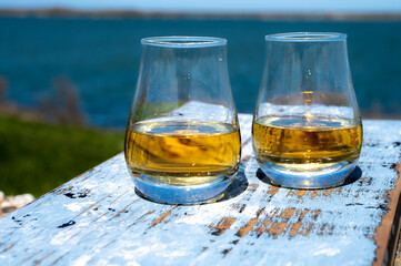 Tasting of single malt Scotch whisky with blue sea, ocean or river view, private whisky tours in Scotland, UK