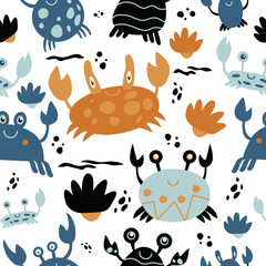 Seamless pattern of crabs. The sea ocean. A set of painted cartoon crabs in the Scandinavian style. Underwater inhabitants. Design for wallpaper or textiles. Clothing for children. Shells.