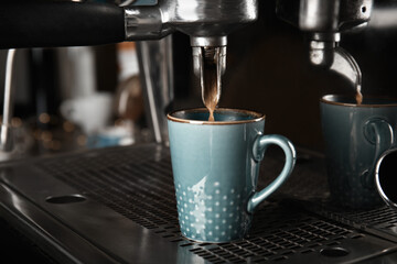 Making fresh aromatic espresso using professional coffee machine