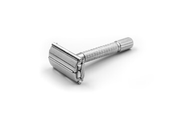 Safety classic razor isolated on white background, Vintage stainless steel or metal, Change blade kit for men reusable shaving, Clean and care beauty accessory hygiene for healthcare concept.