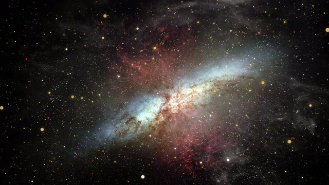Space travel The magnificent starburst galaxy M82,Traveling through star fields in space,4K 3D for scientific films. Based on NASA image.
