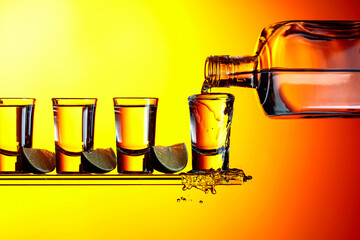Tequila with lime slices on a yellow background.