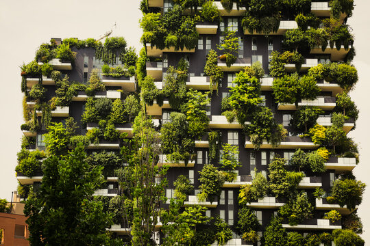 Milan, Italy - June 15, 2019: Residential complex Bosco Verticale in Expo-city of Milan. View at ecological skyscrapers, terraces with plants. Modern sustainable architecture in Porta Nuova district.