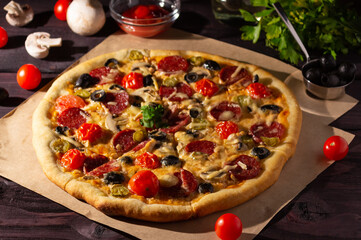 Homemade pizza with salami, mushrooms and cherry tomatoes on a dark background. Side view.