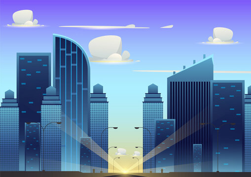 morning city cartoon background with buildings and sun, perfect for your design