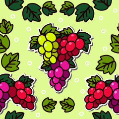 Geometric seamless pattern with the image of grapes in bunches: white, red and pink. Seamless texture for the design of summer clothes from natural fabrics. 