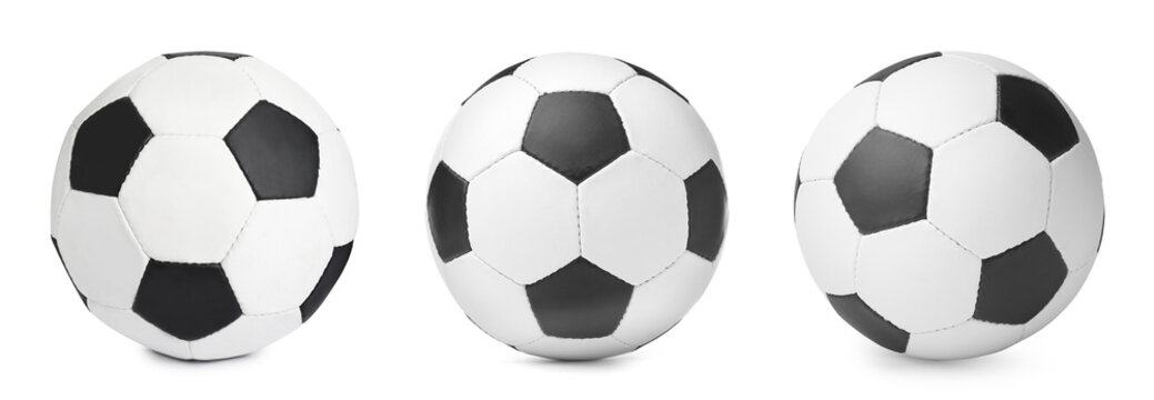 Set with soccer balls on white background, banner design. Football equipment