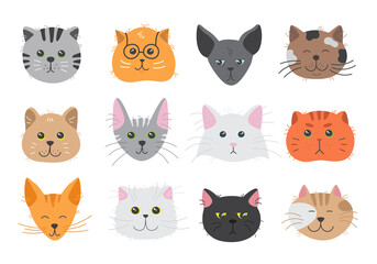 Cute cats heads showing various emotions. Adorable doodle kitties with different face expression. Hand drawn vector illustration of childish pet characters