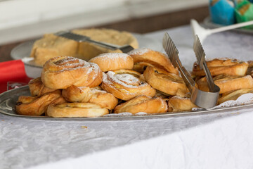 Catering or self-service desk for a conference or business meeting. Snacks and drinks for a light snack in the office.