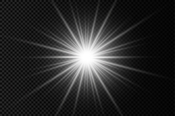 White glowing light star, burst sun rays.