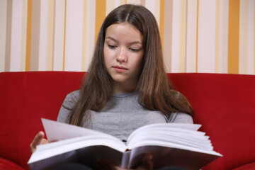 attractive teen girl reading a book at home on the couch