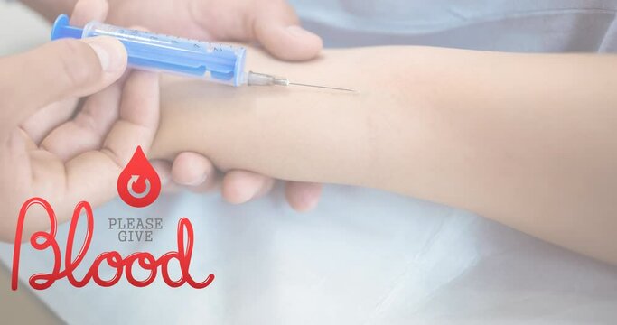 Animation of please give blood text over doctor taking blood sample